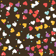Donut glaze seamless pattern. Cream texture with sprinkle topping of colorful hearts and beads on chocolate background. Food bakery decoration. Vector eps8 illustration.