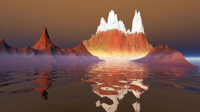 Mountains, 3D rendering, a natural landscape, rocks, snowy peak and a orange sky.