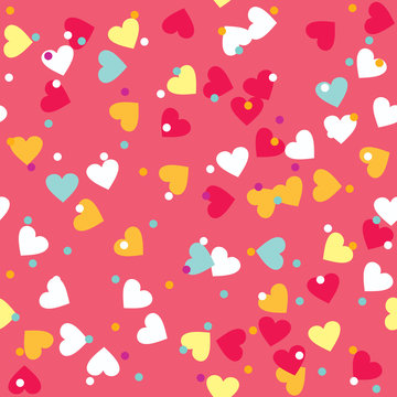 Donut glaze seamless pattern. Cream texture with sprinkle topping of colorful hearts and beads on pink background. Food bakery decoration. Vector eps8 illustration.