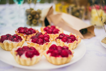 tartlets with raspberries on white background