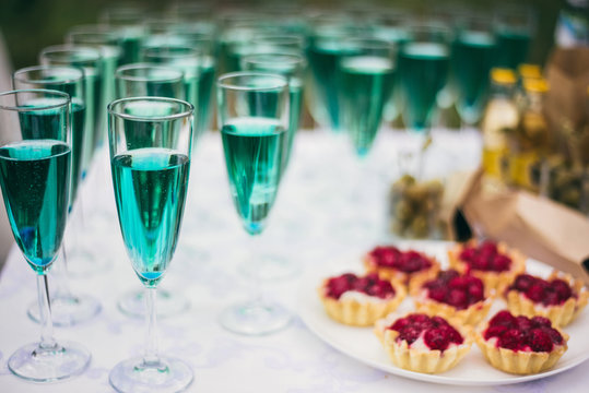 Wedding party buffet with champagne, canape, sandwiches and tartlets
