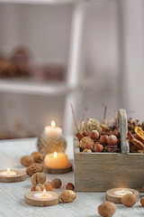 Christmas composition on white wooden table