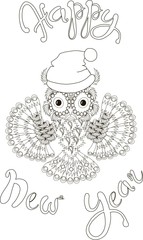 Lettering Happy New Year, zentangle stylized flaying owl, black and white hand drawn vector illustration