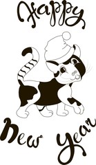 Lettering Happy New Year, stylized cat in hat, black and white hand drawn vector illustration