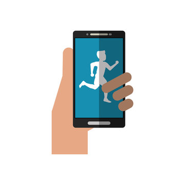 Runner man and smartphone icon. Athlete training fitness and healthy lifestyle theme. Isolated design. Vector illustration