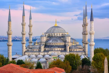 Fotobehang Blauwe Moskee en Bosporus, Istanbul, Turkije © Boris Stroujko