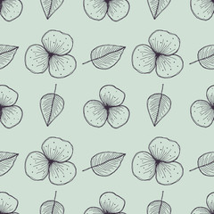 Vector floral seamless pattern. Blue background with flowers, leaves. Hand drawn contour lines and strokes. Graphic vector illustration