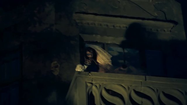 The scene on the balcony, revived corpse bride on the night of Halloween