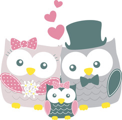 cute owls couple with daughter islated on whit backgrond