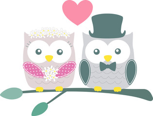 cute bride and groom owls on green branch isolated on white background
