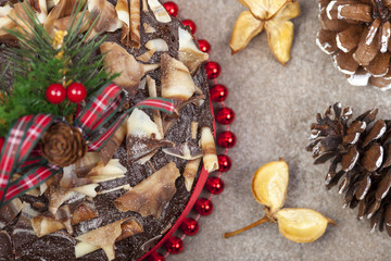 Top view of a frosted chocolate christmas cake with toppings