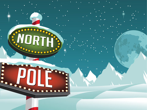 North Pole sign in a snowy Christmas scene. EPS 10 vector.