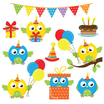Owl birthday vector cartoon illustration
