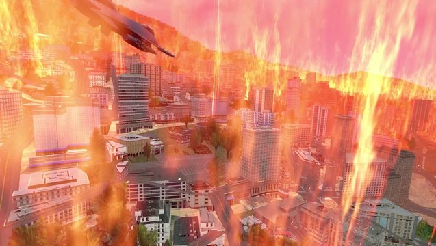 jet fighter flying over burning city under fire