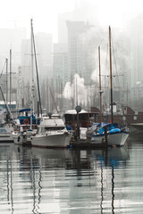 boats and yachts in a foggy day in coal harbour marina
