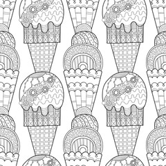 Black white seamless pattern with decorative ice cream for coloring.