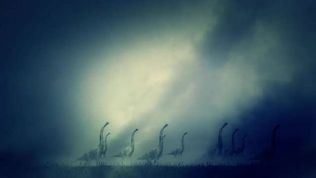 Dinosaurs Herd Migrating Through Wind and Dust Storm