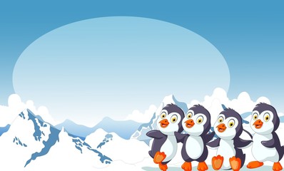 funny four penguin cartoon with snow mountain landscape background