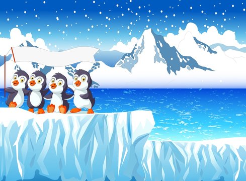 funny penguins cartoon with snow mountain landscape background