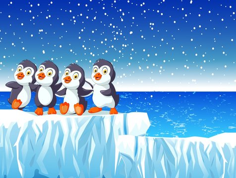 funny four penguin cartoon with snow mountain landscape background