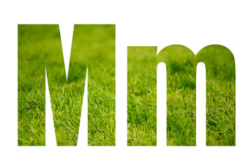 Double exposure with green grass. Letter M. Isolated on white background