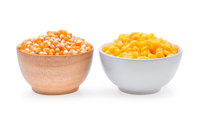 Corn seed in cup on white background.