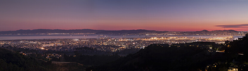 Panorama Night View of San Francisco Bay, East Bay, Oakland, Montclair, Emeryville, Oakland Bridge