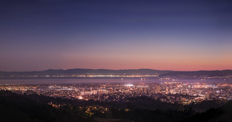 Panorama Night View of San Francisco Bay, East Bay, Oakland, Montclair, Emeryville, Oakland Bridge