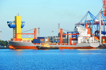 Fototapeta premium Tugboat assisting bulk cargo ship