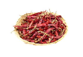 Fototapeta premium Dried red Chili in bamboo basket isolated on white background.Dr