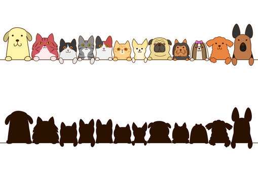 cats and dogs border set with silhouette