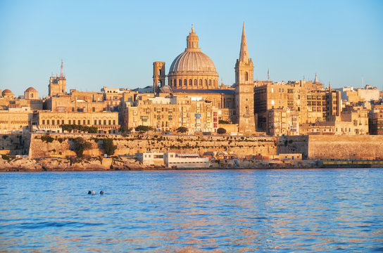 The evening view of Valletta skyline from Slima. Malta