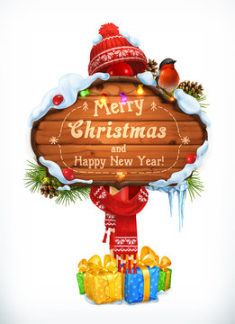 Christmas wooden sign. Merry Christmas and Happy New Year. Holiday 3d vector illustration