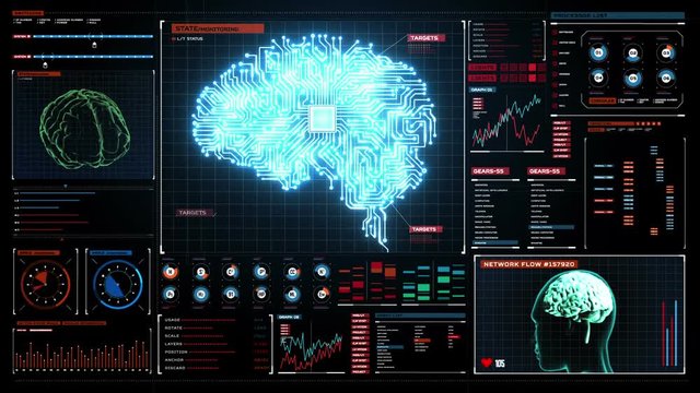 Brain connected CPU chip circuit board in digital display dashboard, grow artificial intelligence