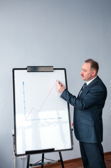 Man in suit drawing sales chart on the board  
