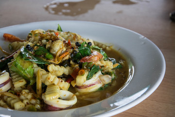 Spicy seafood stir fried, Thai spicy herb food