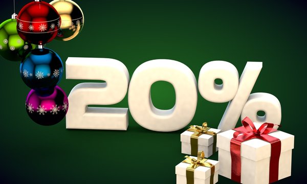 3d illustration rendering of Christmas sale 20 percent discount