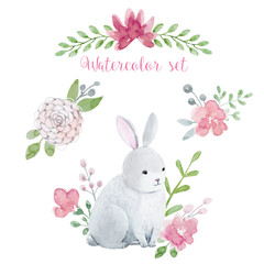 Watercolor rabbit with flowers