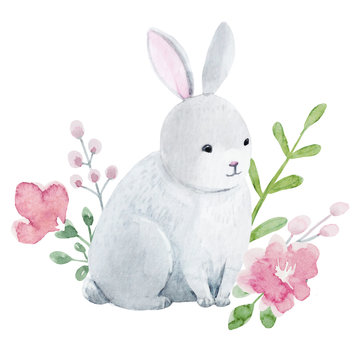 Watercolor rabbit with flowers