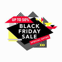 Black Friday Sale and Special offer banner in Trendy Memphis Style with Geometric Shapes. Vector illustration.