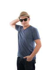 Fototapeta premium Portrait of young hipster man wearing blue t-shirt hat with head