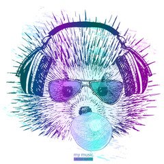 cute hedgehog with headphones inflates chewing bubble