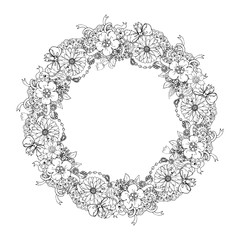 hand drawn ink wedding wreath with flowers, ribbon, bow, beads. vintage style. vector eps 8