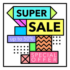 Sale and special offer poster for on-line shop. Vector illustration. 80s - 90s Memphis style.