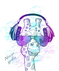 cool giraffe with headphones listening to music