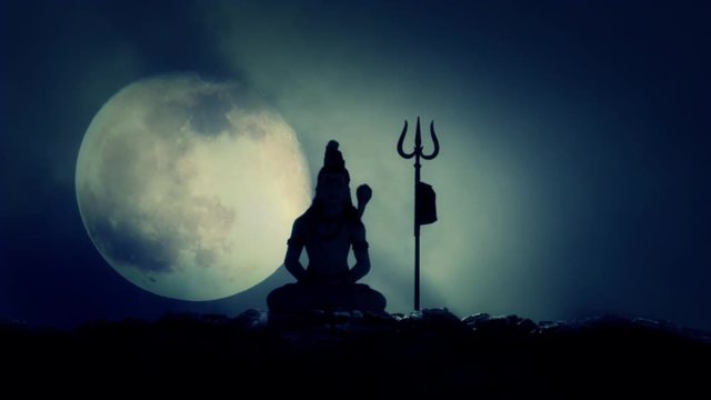 Hindu Lord Shiva Meditating and Dancing on Mount Kailash on a Full Rising Moon Background