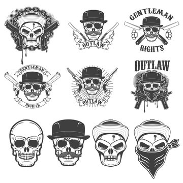 Set of the stickers with gangster skulls and weapon. Design elem