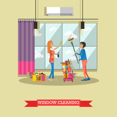 Cleaning service concept vector illustration in flat style. Housekeeping company team at work.
