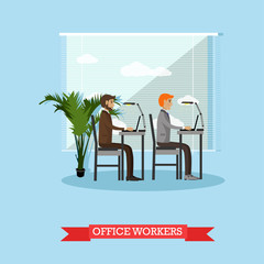 Office workers and business people work with computers. Vector banner concept in flat style design.