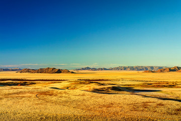 Fototapeta na wymiar Panorama of Petrified dunes at the sunset in Namib desert, Namibia